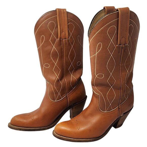 Vintage 1970s Frye Brown Leather Western Cowboy Boots Women’s 6.5 High Heel Tall - Picture 2 of 13